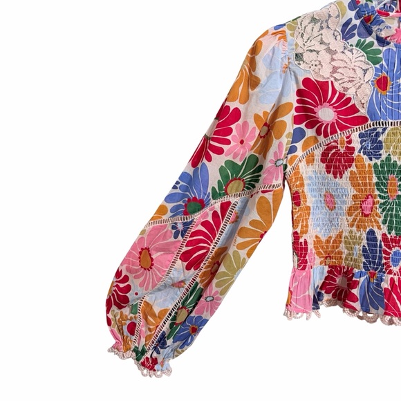 Farm Rio Sunny Daisies Smocked Peplum Crop Top S Multicolor Boho Lace Festival - Picture 4 of 8